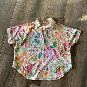 Bibi womens oversized Dolman short sleeves, boho floral resort casual top size L